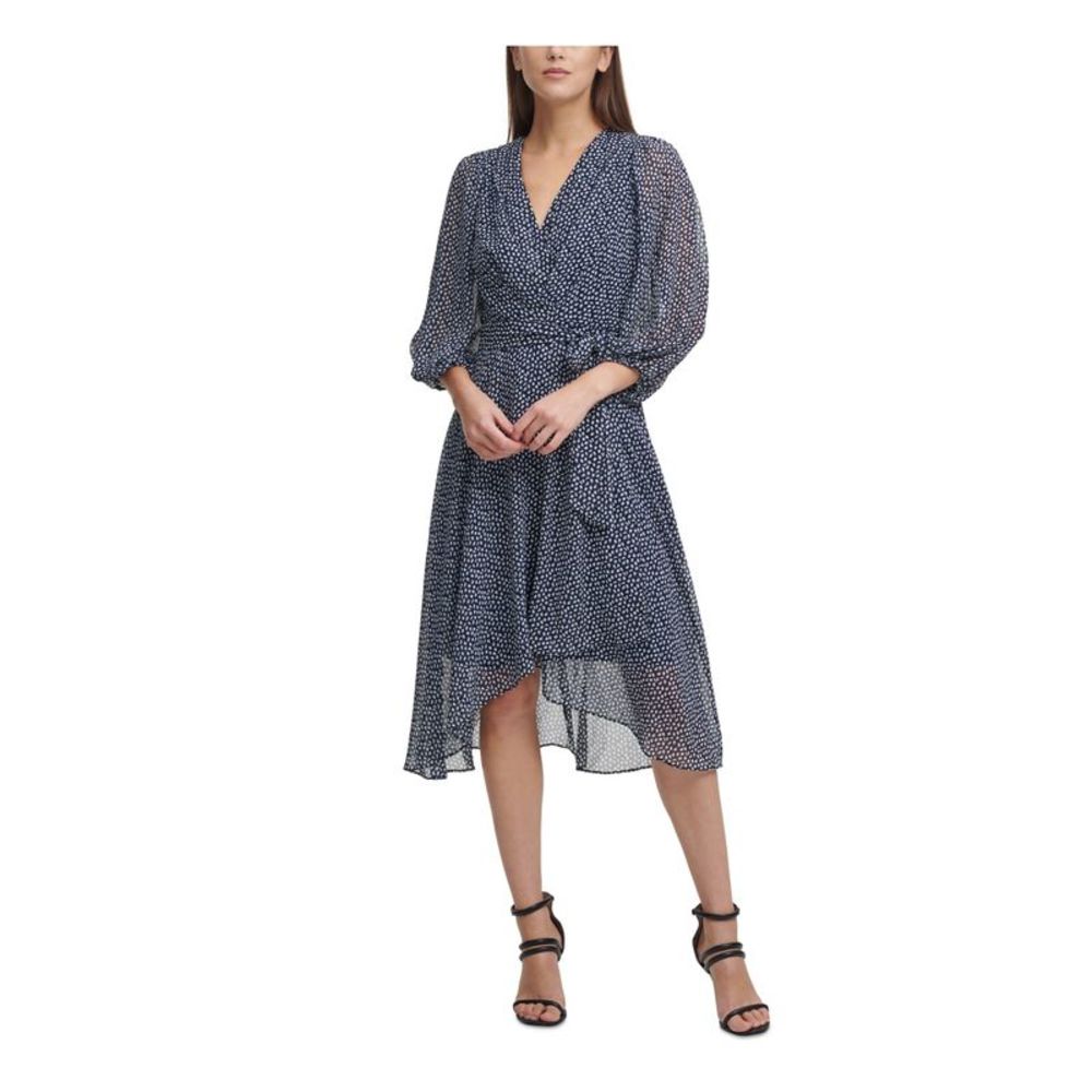 DKNY Womens Navy Belted 3/4 Sleeve Above The Knee Evening Faux Wrap Dress 2